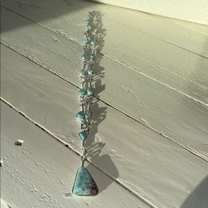 Caribbean Larimar silver wire wrapped Stone Necklace, triangle, tear drop 12”